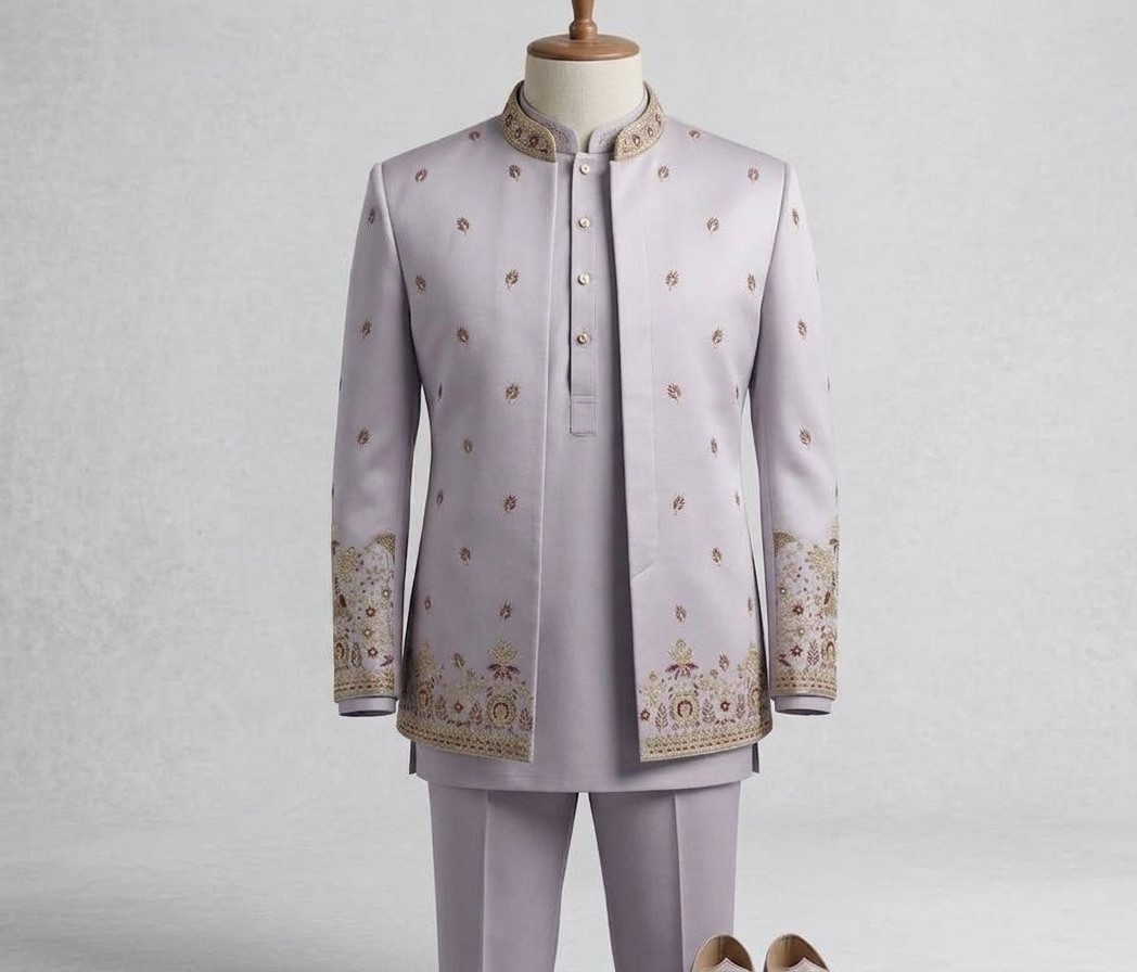 Men's Lavender Embroidered Indo-Western Prince Coat Set
