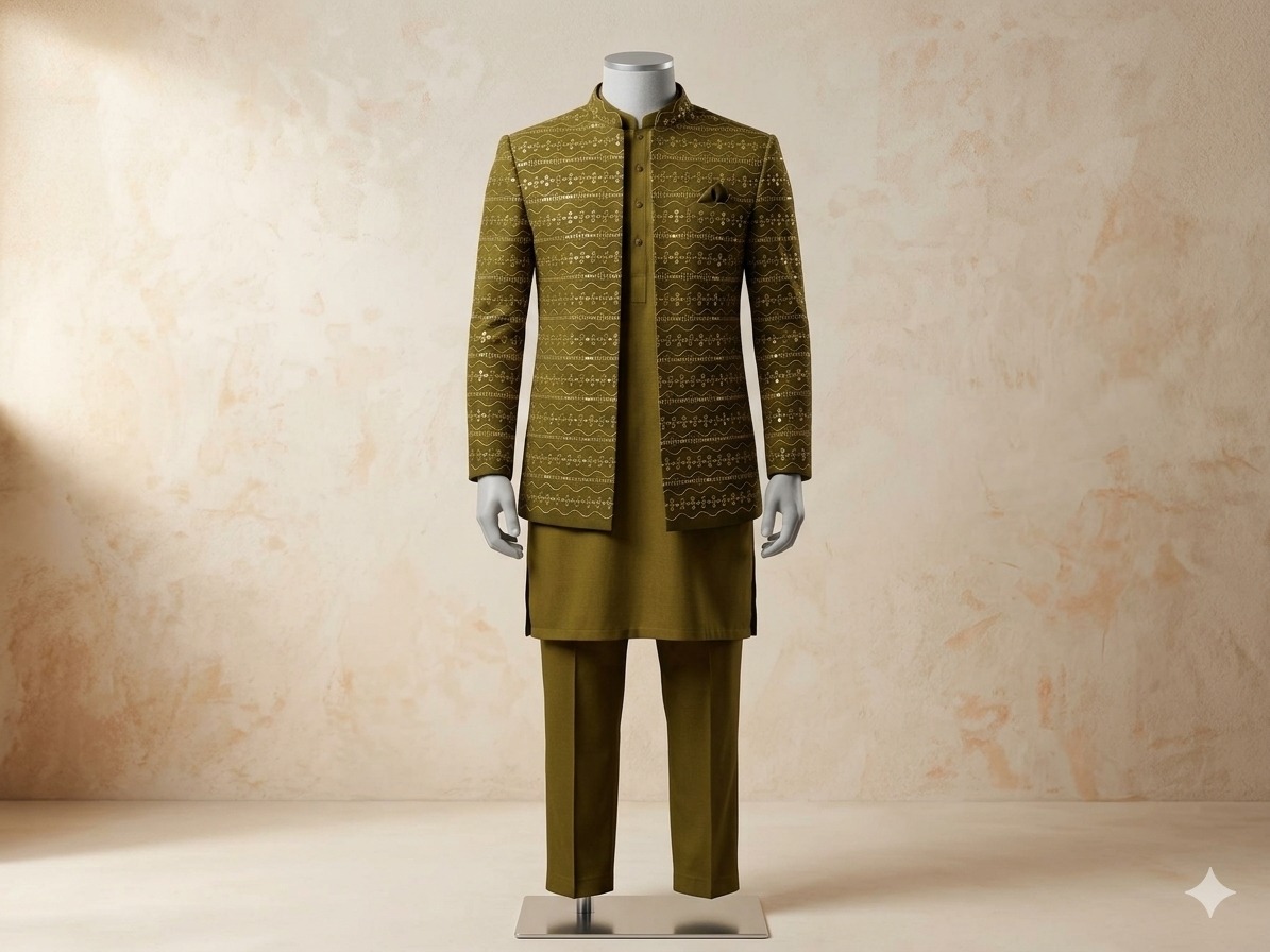 Olive Green Hand-Embroidered Sherwani with Kurta Set