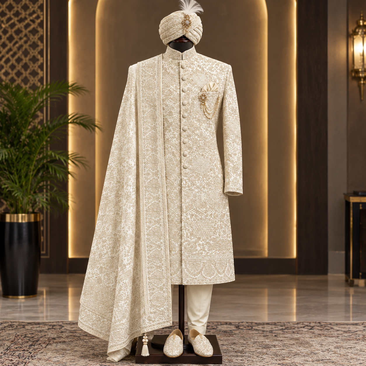 Imperial Ivory Hand-Embroidered Sherwani Set