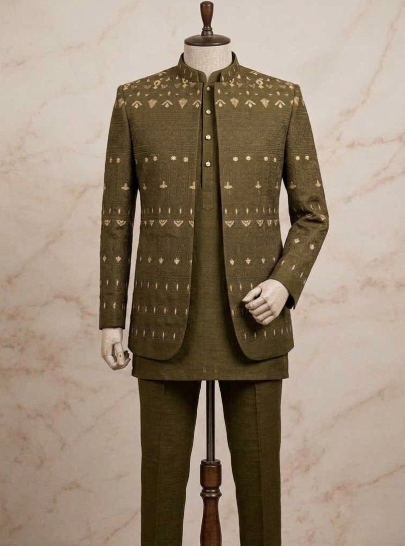 Royal Olive Embroidered Indo-Western Set