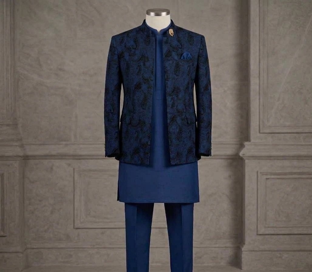 Royal Midnight Blue Embroidered Prince Coat Suit Set