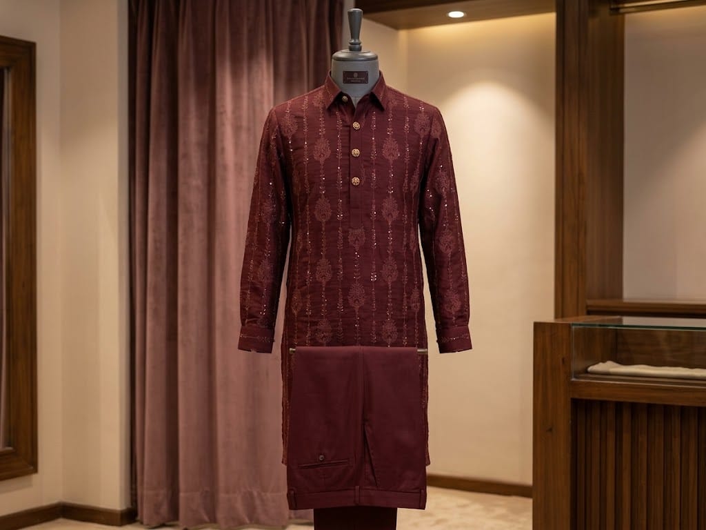 Luxury Maroon Embroidered Festive Kurta Set