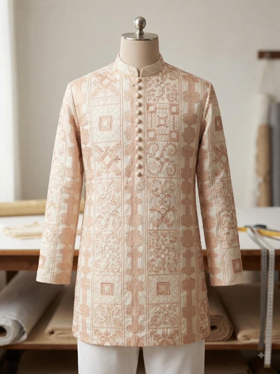 Ivory & Rose Gold Geometric Embroidered Sherwani Kurta