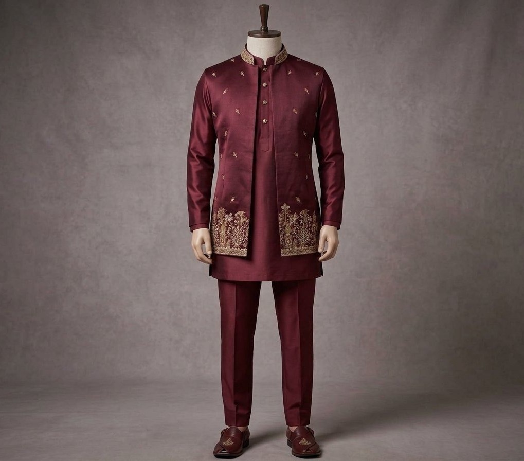 : Luxury Maroon Embroidered Prince Coat & Kurta Set