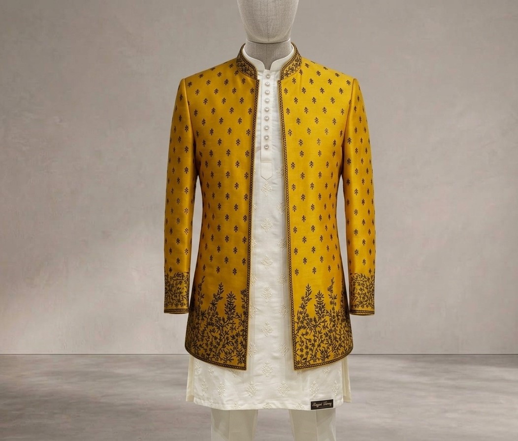 Mustard Yellow Embroidered Sherwani Jacket with Off-White Kurta Set