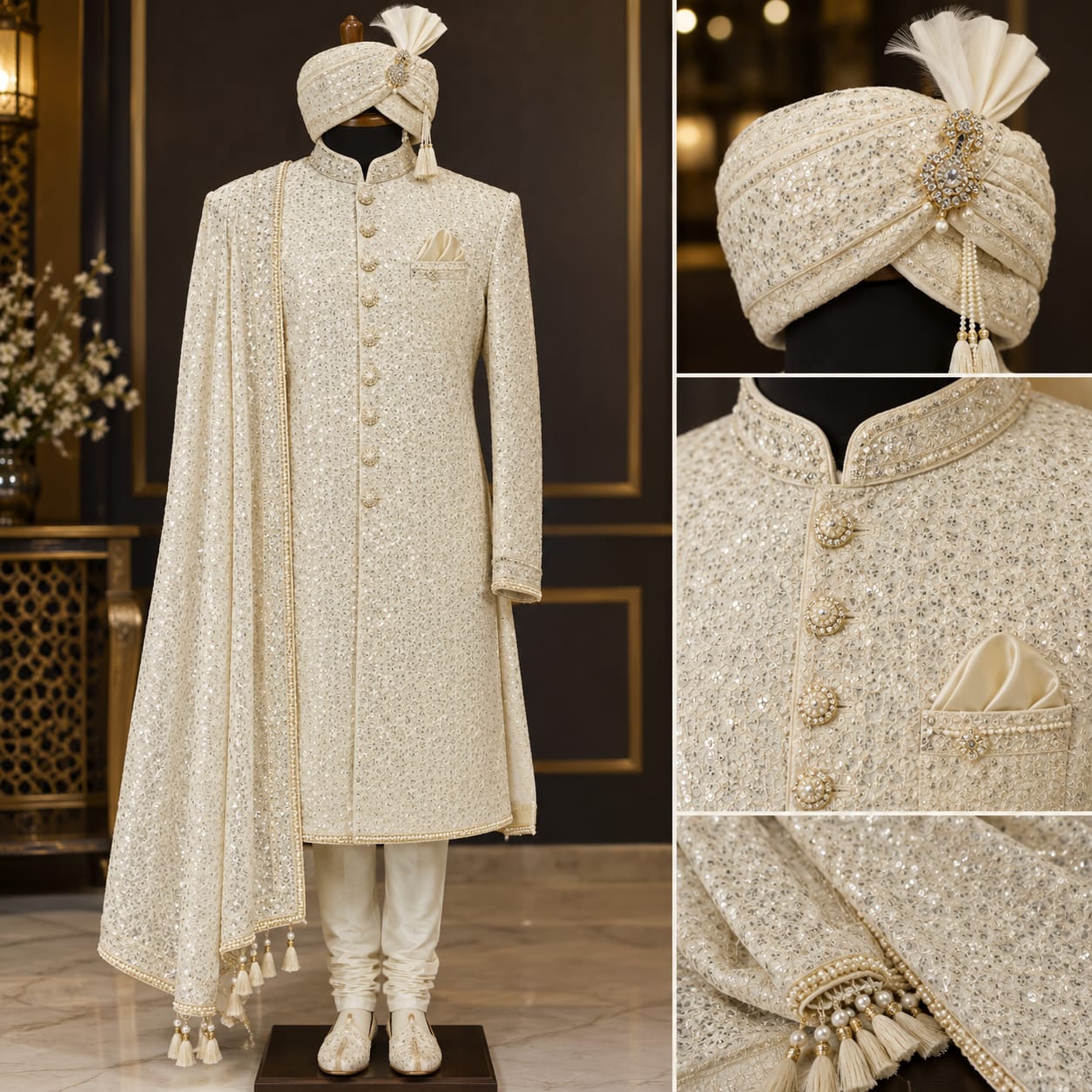 Royal Ivory Hand-Embellished Sequin Wedding Sherwani Set