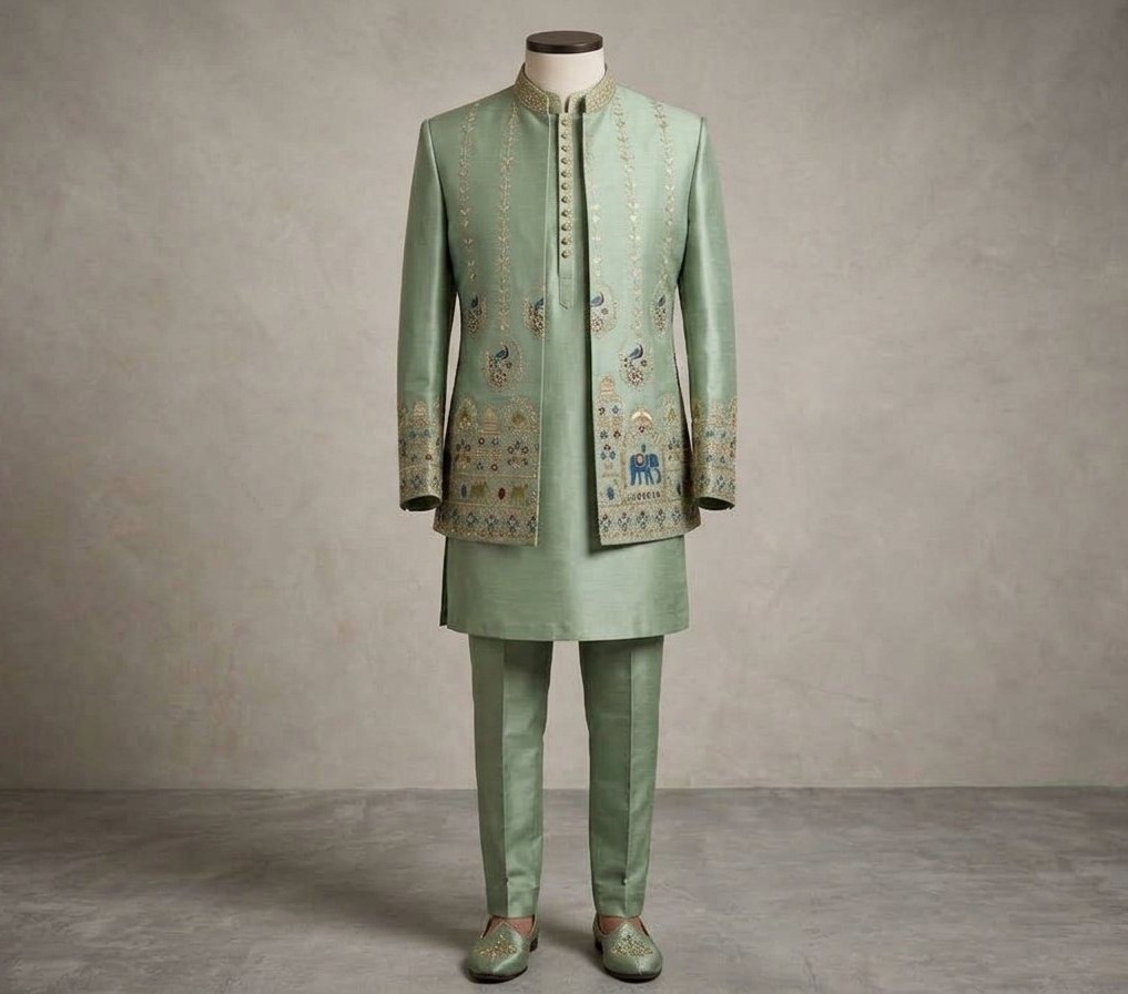 Mint Green Royal Heritage Embroidered Indo-Western Prince Coat Set