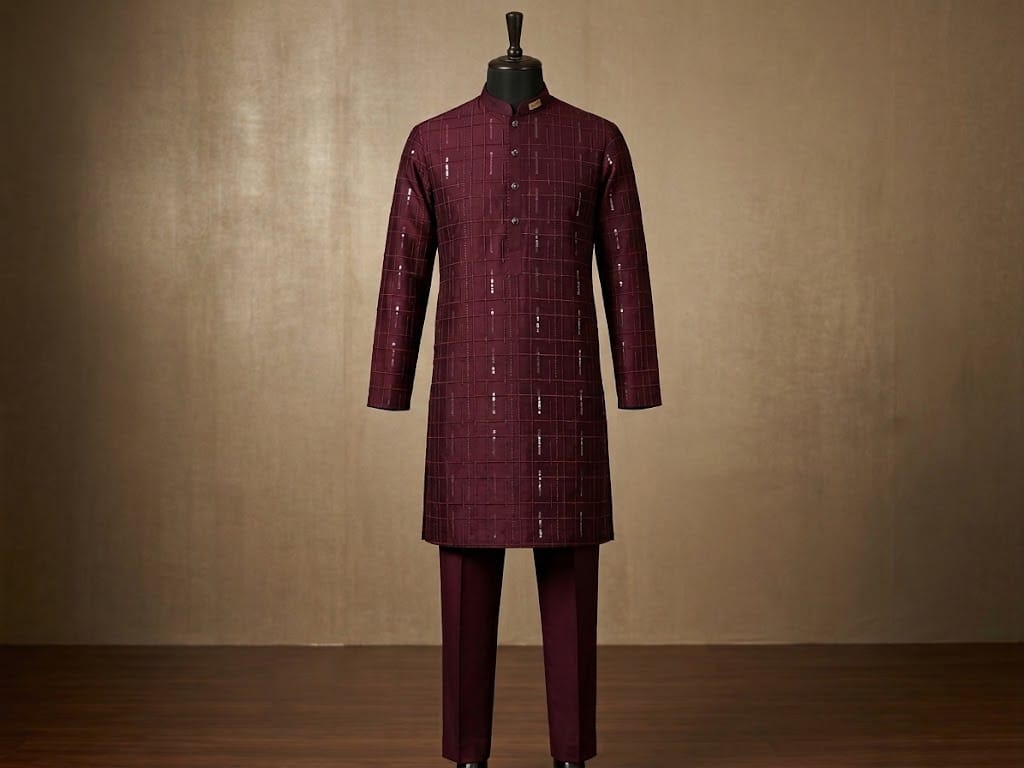 Maroon Textured Kurta Trouser