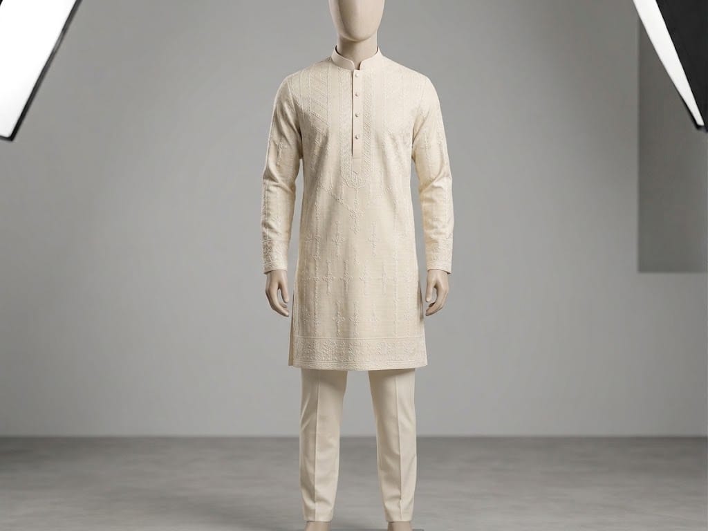 Cream Self Embroidered Kurta Pajama