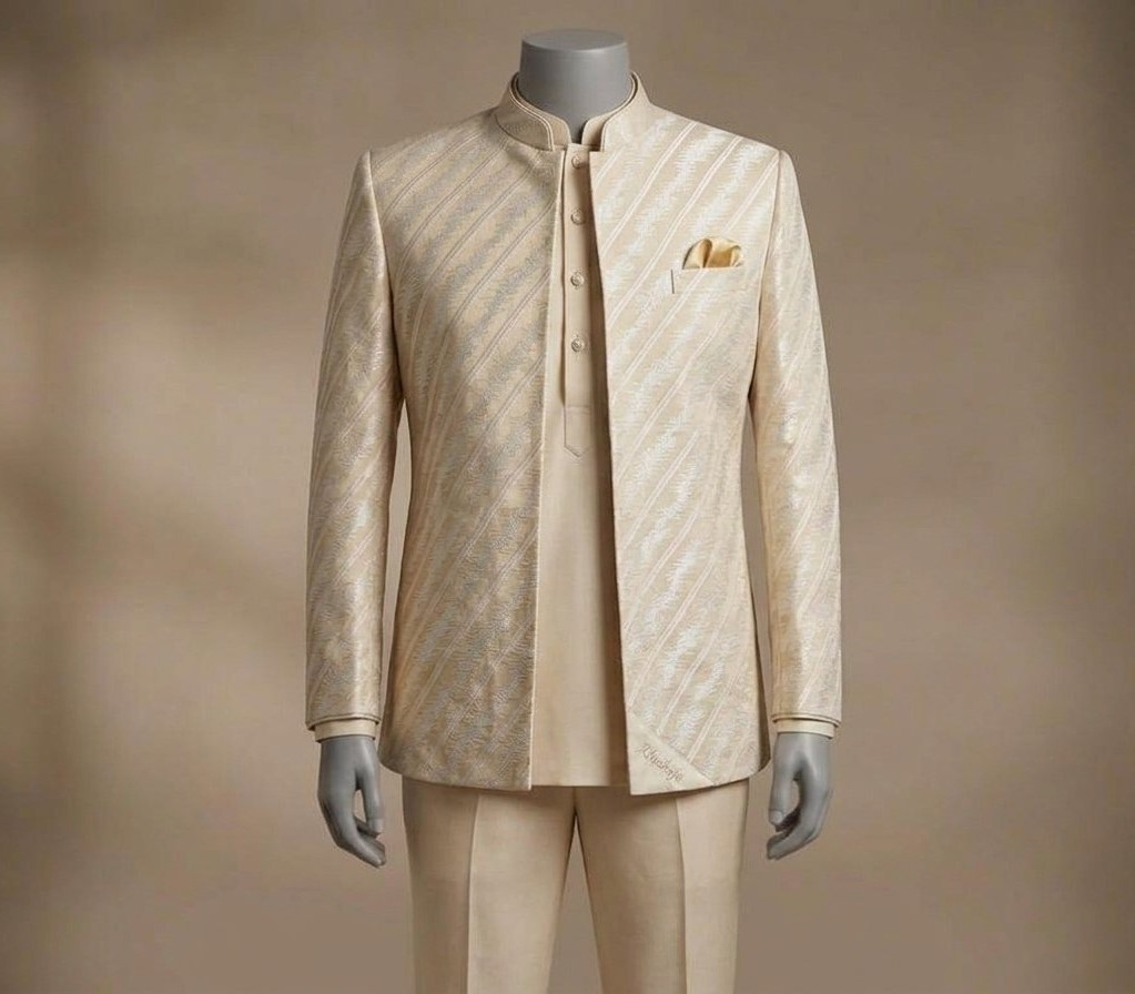 Regal Ivory & Beige Embroidered Indo-Western Prince Coat Suit