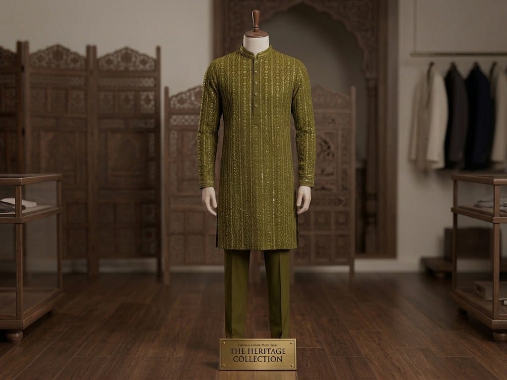 Premium Olive Green Embroidered Kurta Set
