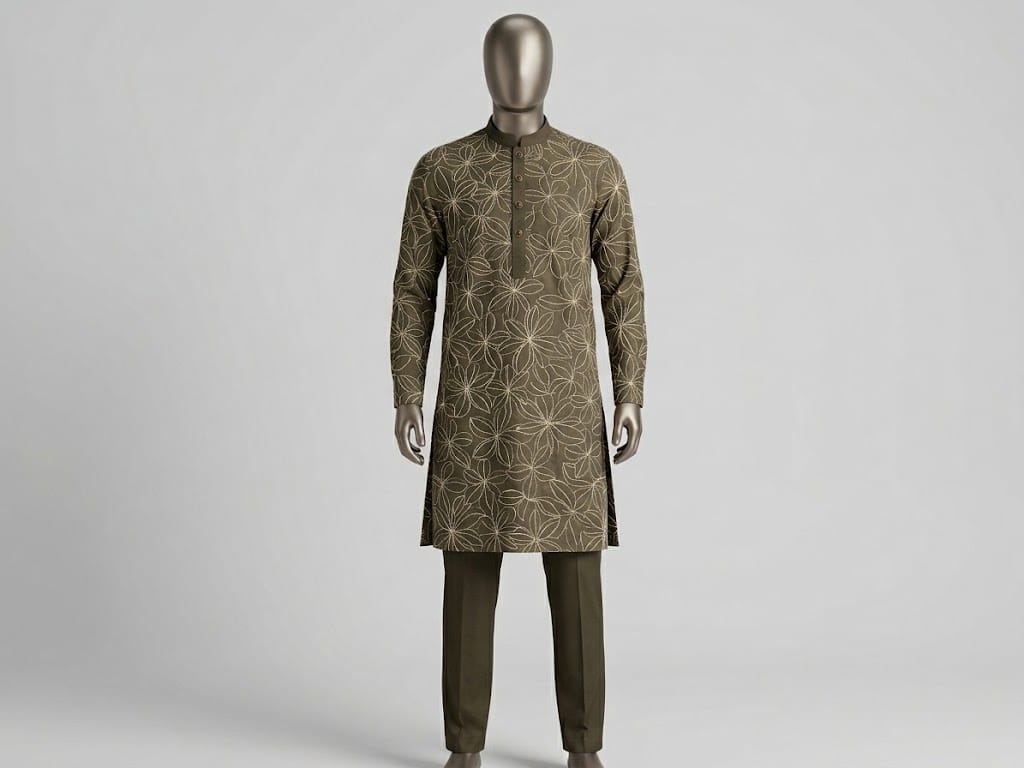 Olive Green Floral Outlined Embroidered Kurta