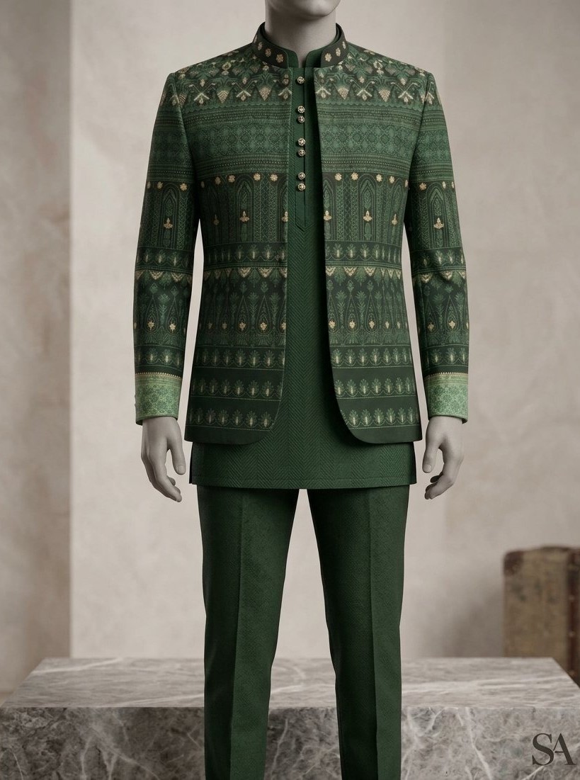 Emerald Green Mughal-Art Print Prince Coat Suit