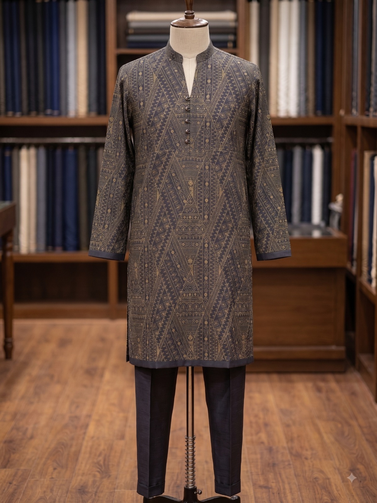 Men's Charcoal Grey Geometric Jacquard Kurta