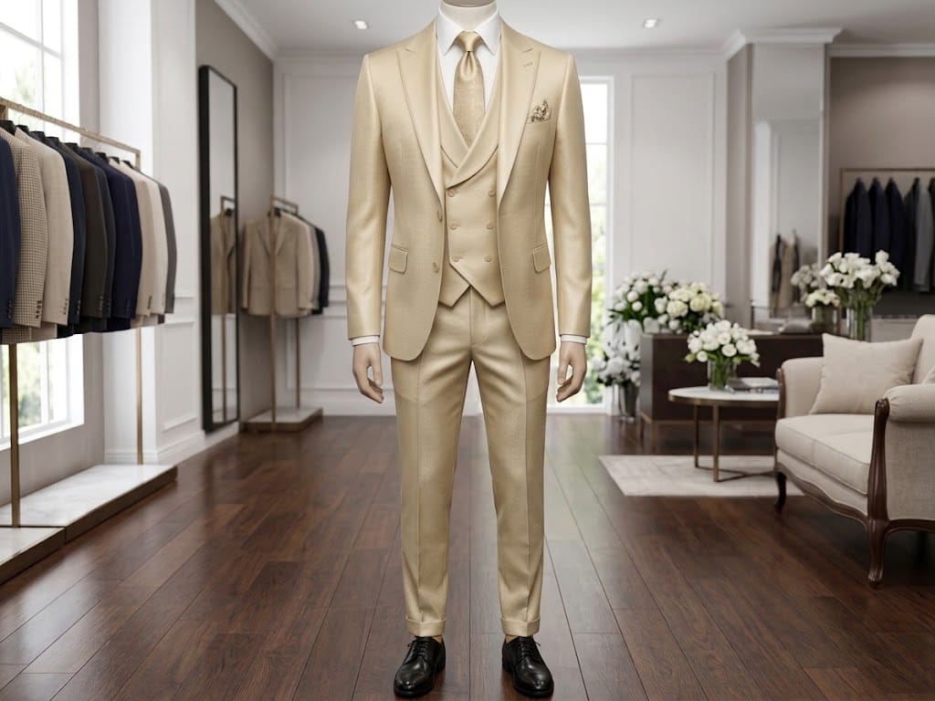 Premium Champagne Gold 3-Piece Peak Lapel Wedding Suit for Men