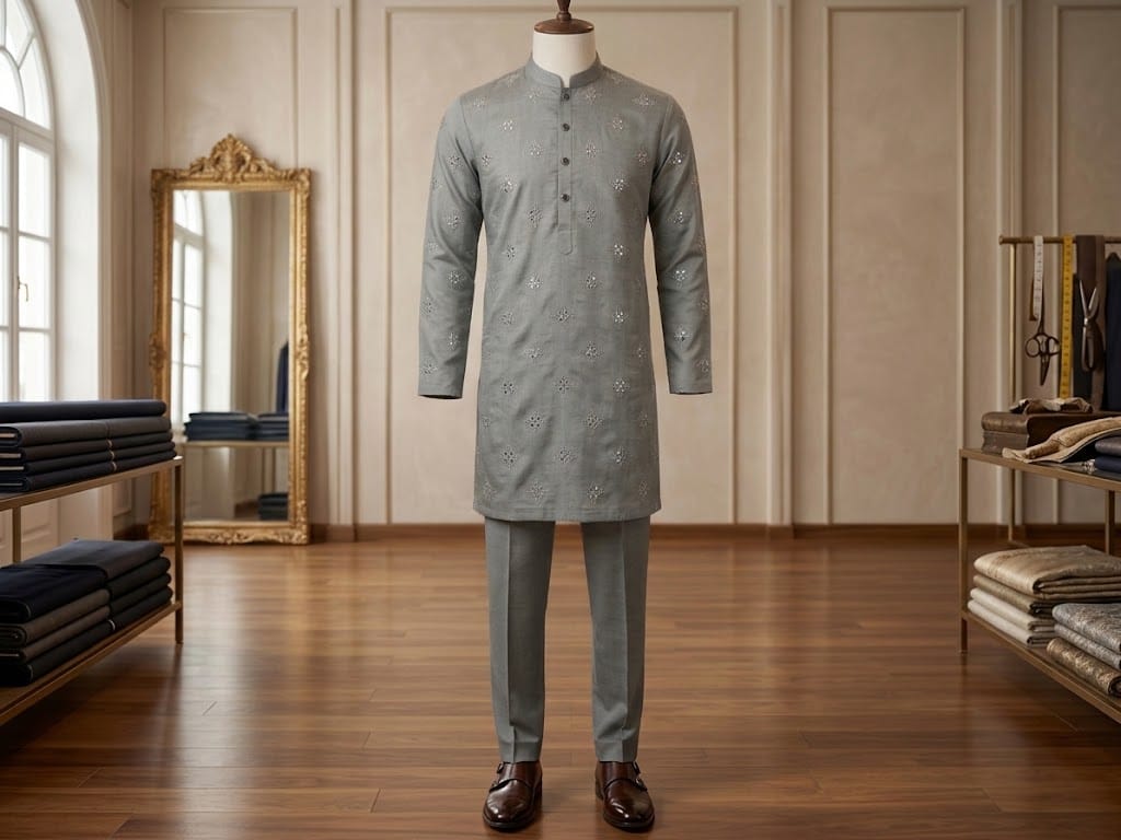 Premium Sage Grey Embroidered Kurta Set