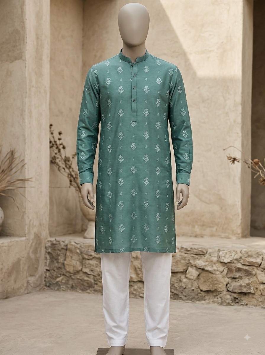 Men's Teal Green Floral Boota Print Kurta