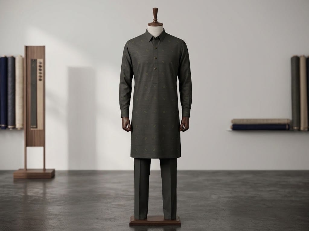 Premium Charcoal Olive Embroidered Kurta Set