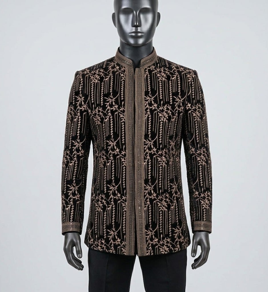 Luxury Black & Gold Embroidered Prince Coat (Ya Velvet Bandhgala Sherwani)