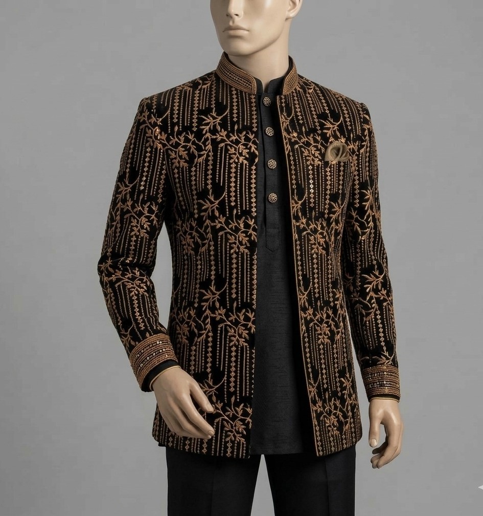 Royal Black Velvet Jodhpuri Indo-Western Suit with Gold Resham Embroidery