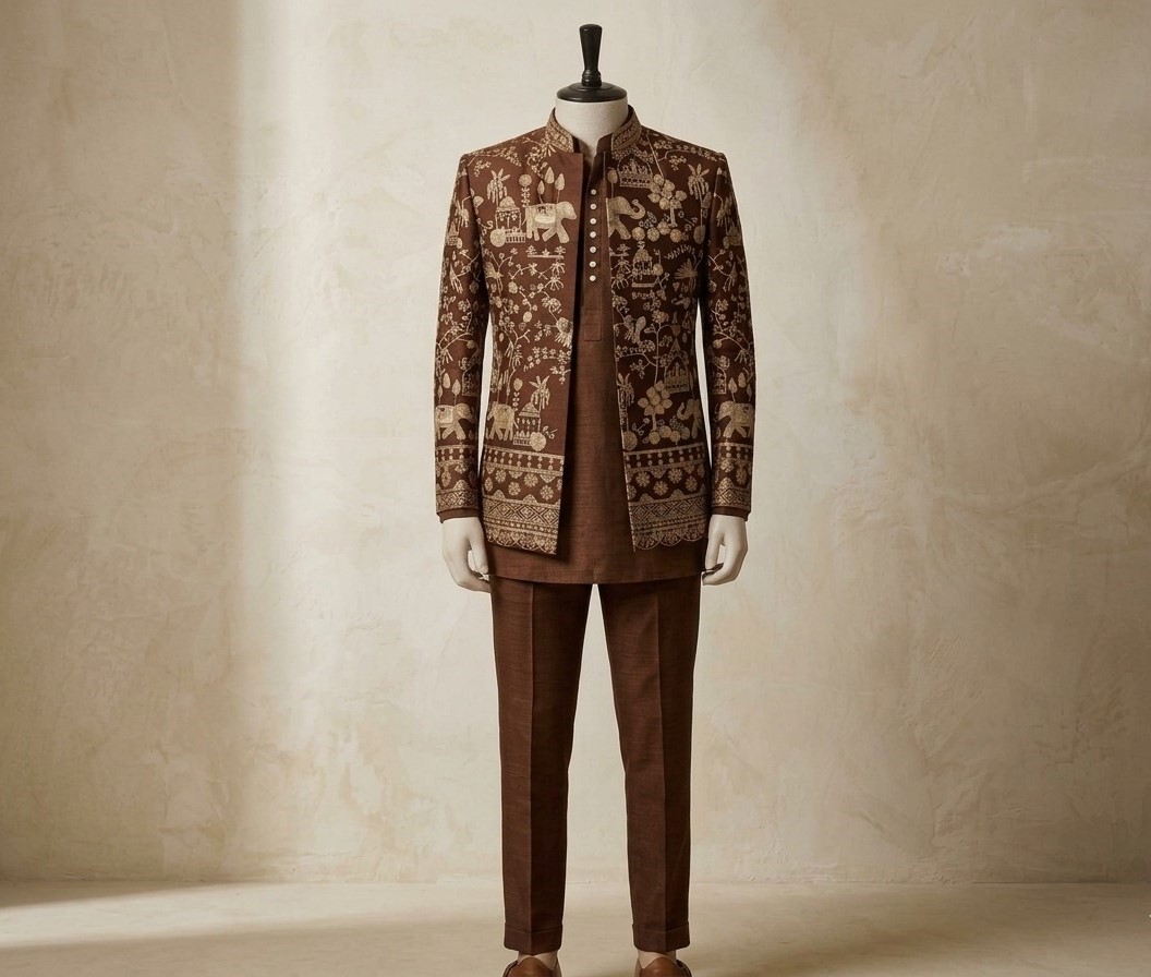 Royal Earth Tone Embroidered Bandhgala Sherwani Jacket Set