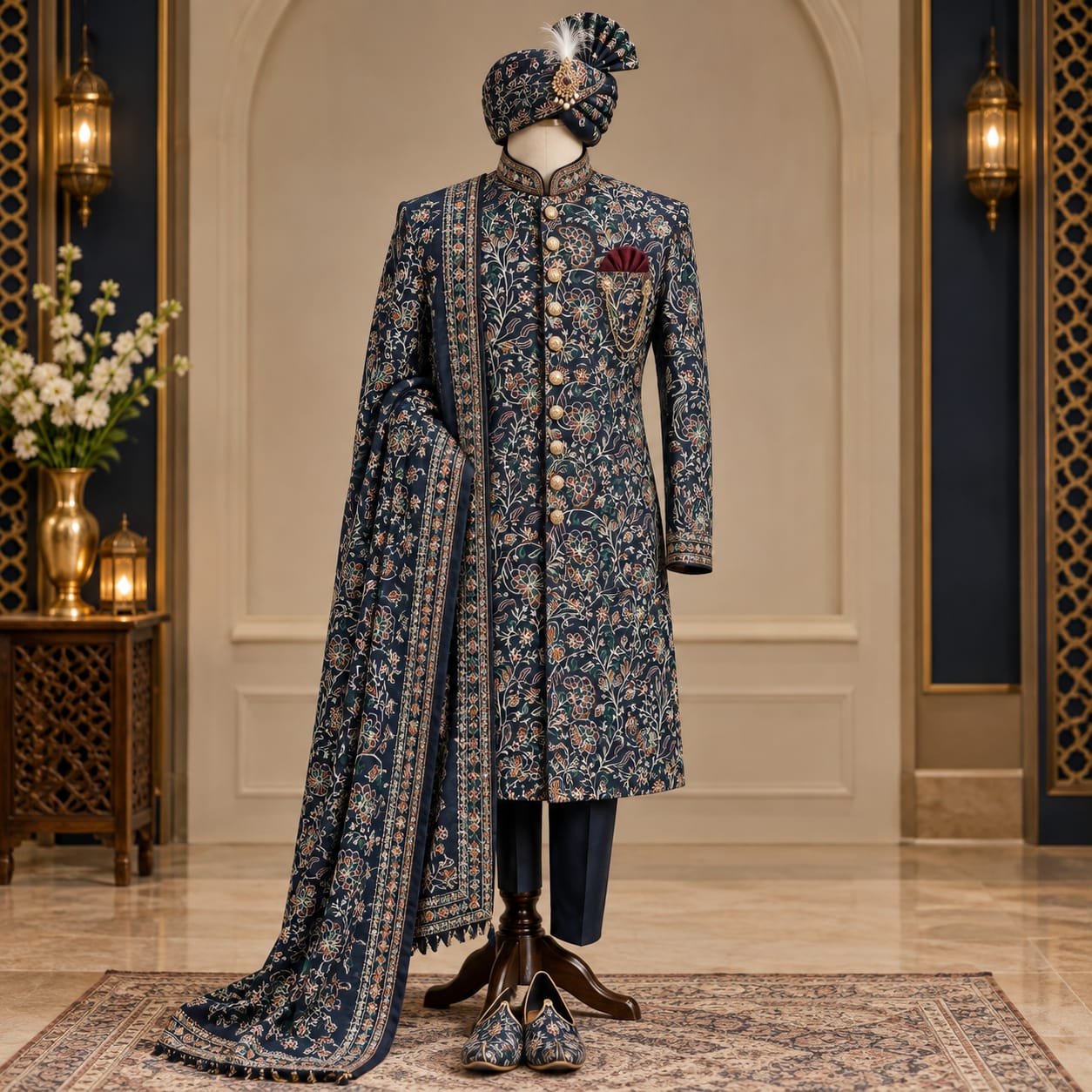 Royal Midnight Blue Embroidered Groom Sherwani Set