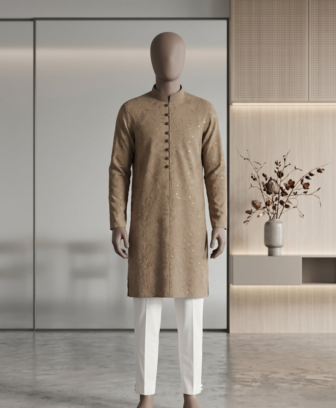 Camel Sequin Swirl Kurta