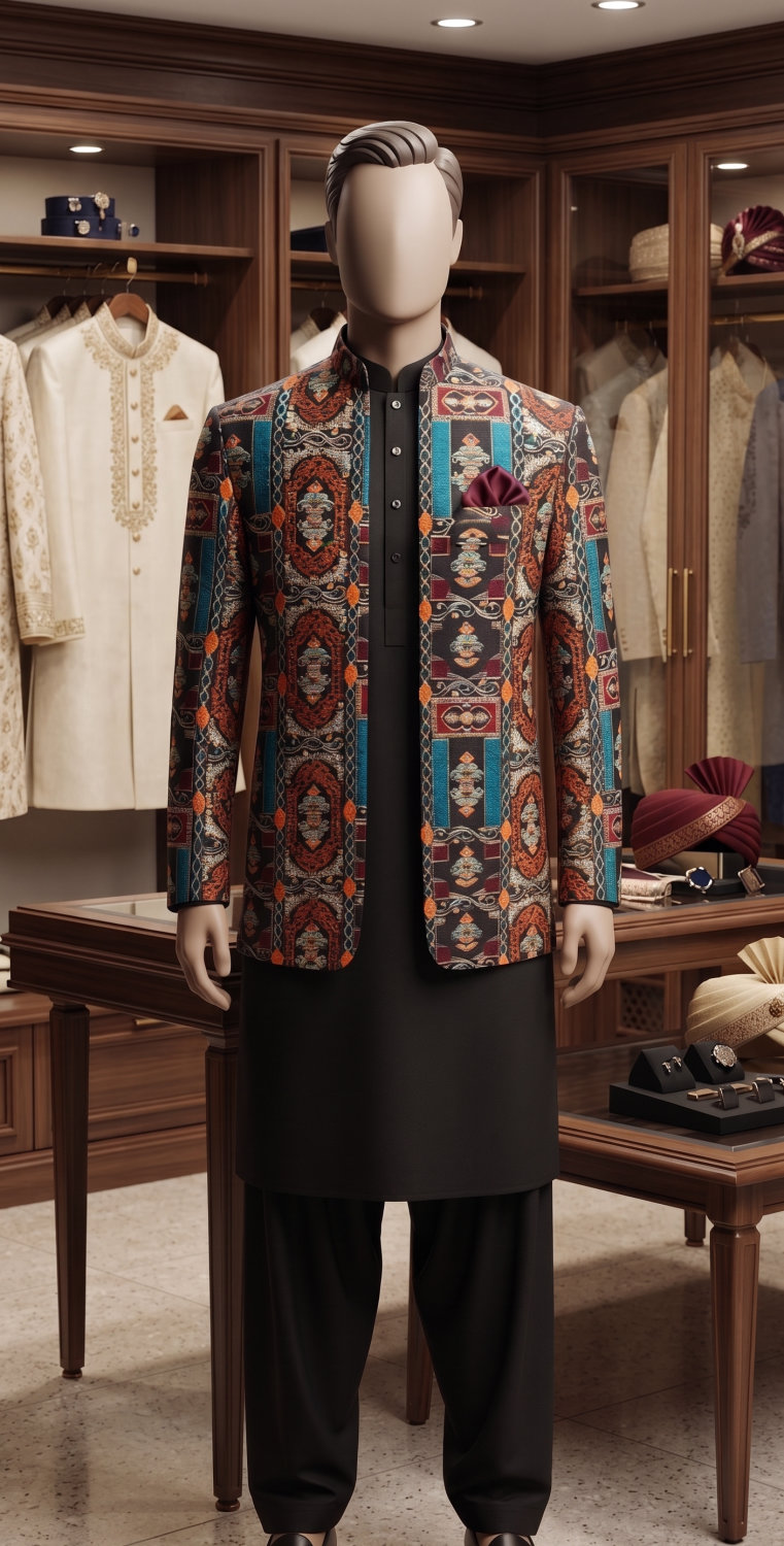 Rust Teal Jamawar Prince Coat