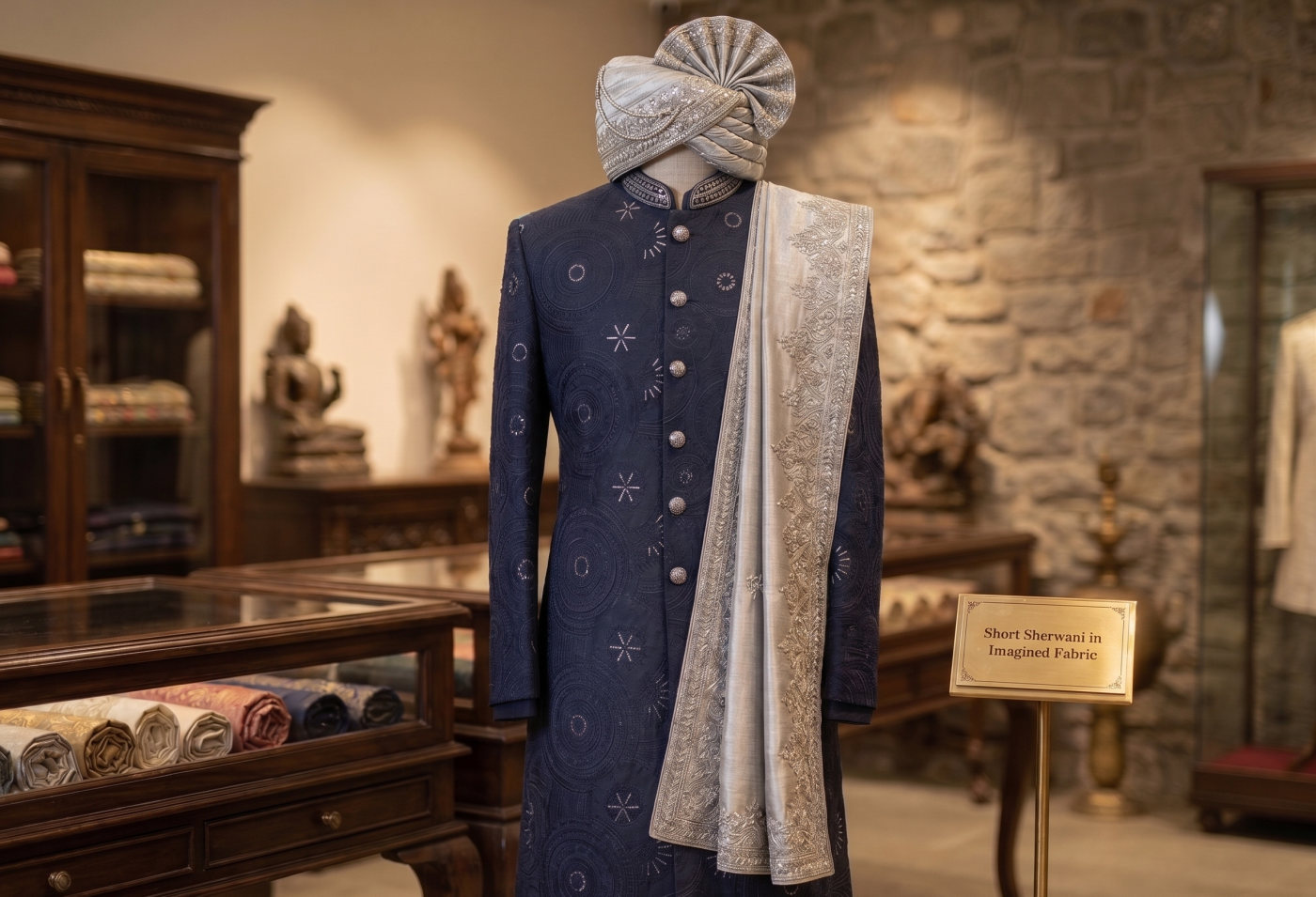 Navy Medallion Short Sherwani